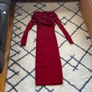 Mid long sleeve dark red off the shoulder dress